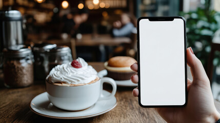 Hand holding smartphone, focus smartphone screen with white screen mock up on modern cafe, coffee and dessert in background