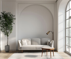 Aesthetic elegant minimalist modern interior design. Clear mock up empty wall for decoration in the apartment. Copy space in the room. Neutral palette of natural colors.