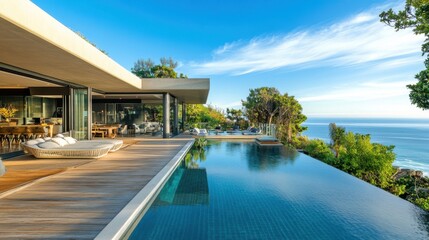 Fototapeta premium Elegant vacation home with panoramic ocean views, featuring a spacious deck, infinity pool