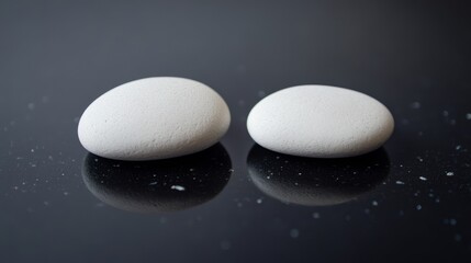 Two perfectly aligned white pebbles on a sleek black surface for balance for support
