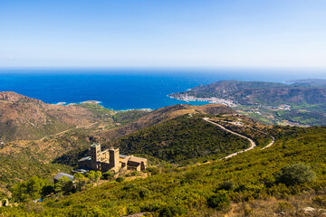 Panorama of the Monastery of Sant Pere de Rodes, the town of El Port de la Selva, and the...