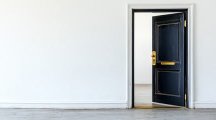 An open door with a golden handle on a white wall for access for inclusivity