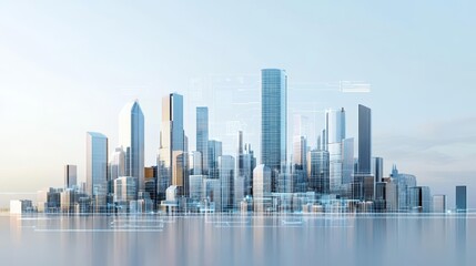 Fototapeta premium A skyline of sleek, towering skyscrapers with intricate space-age digital grids, Futuristic City, Tech-Infused Architecture, Urban Innovation