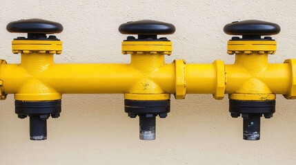 A close-up view of a yellow industrial valve assembly with three control knobs, showcasing functionality and durability.