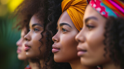Obraz premium Four women with curly hair and yellow headbands are standing together