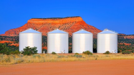 Obraz premium A scenic view of silos against vibrant red rock formations under a clear blue sky, showcasing rural beauty and agriculture.