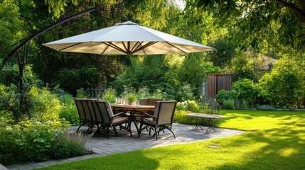Obraz premium Inviting backyard setup with a large outdoor umbrella, stylish dining table, and comfortable