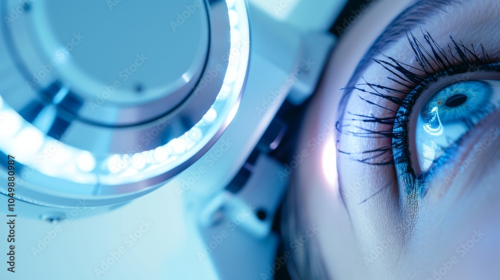 Aufkleber a close-up of a patient's eye with a high-tech digital retinal scan being performed, set against a c