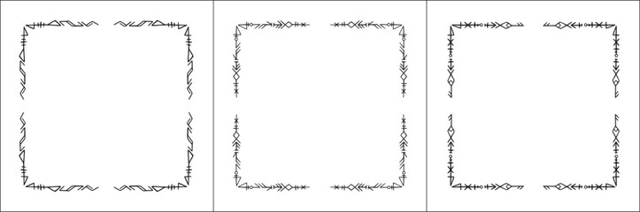Frame set. Three frames with elegant black and white ornamental frame with Viking runes, decorative border, corners. Isolated vector illustration.	
