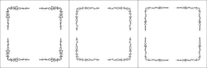 Frame set. Three frames with elegant black and white ornamental frame with Viking runes, decorative border, corners. Isolated vector illustration.	
