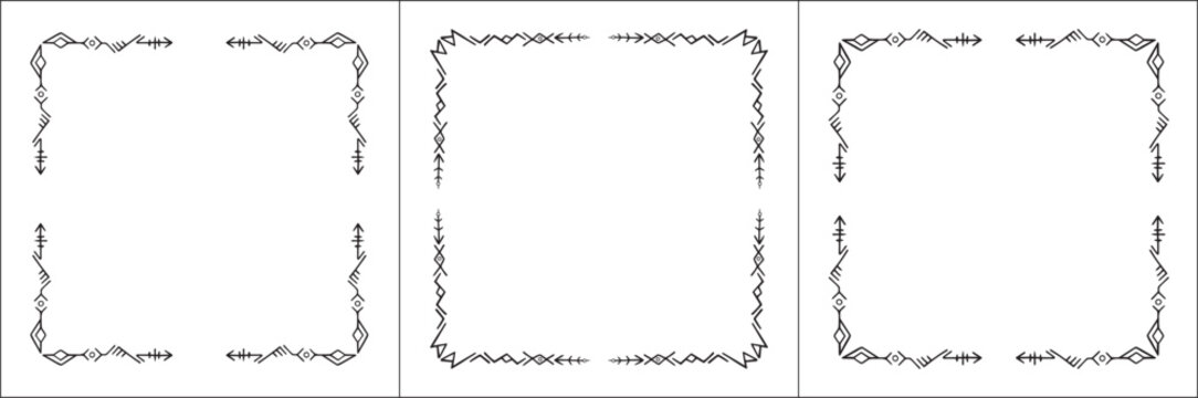 Frame set. Three frames with elegant black and white ornamental frame with Viking runes, decorative border, corners. Isolated vector illustration.	
