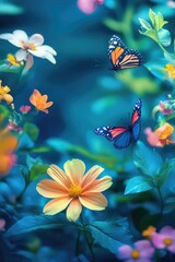 Blue and yellow flower with a butterfly on it. The butterfly is orange and black. The flower is surrounded by other flowers and leaves