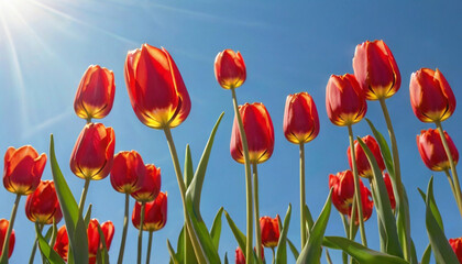 Fototapeta premium Red tulips against blue sky. Bright spring flowers on a sunny day.