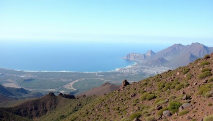 Obraz premium Panoramic view of a coastal mountain range under a clear sky