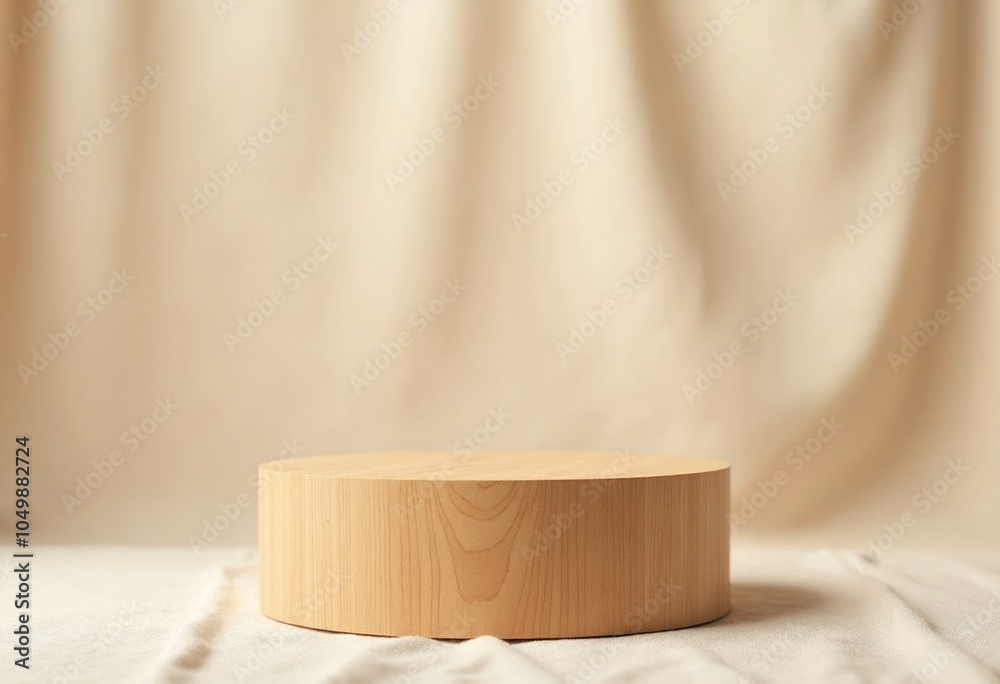 Aufkleber warm wooden podium on soft textured linen background for product display and presentation