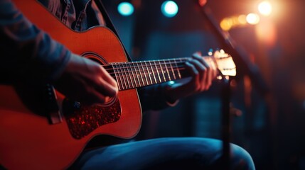 Fototapeta premium Man is playing a guitar in a dark room. The lighting is dim and the guitar is the main focus of the image. The man is sitting on a stool while playing the guitar