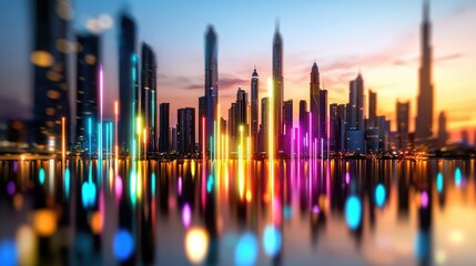 Vibrant Cityscape with Reflections at Sunset
