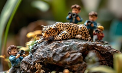 Fototapeta premium Toy figures looking at sleeping leopard.