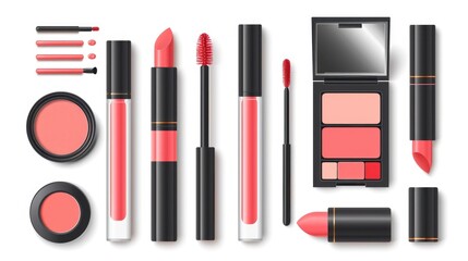 Collection of makeup products including lipsticks, eyeliners, and blushes. Concept of glamour and sophistication, as the various shades