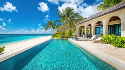 Fototapeta premium Luxurious tropical resort villa with an infinity pool, elegant cabana, and private access