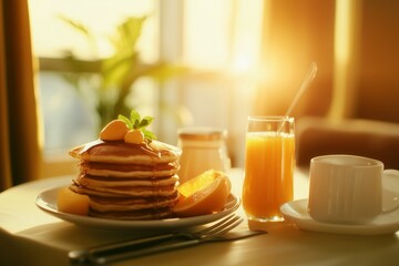 A delicious breakfast spread featuring pancakes, orange slices, fresh juice, and a cup of tea, all arranged beautifully with morning light.