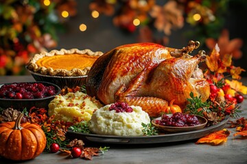 Thanksgiving dinner with turkey, mashed potatoes, pumpkin pie, and cranberry sauce