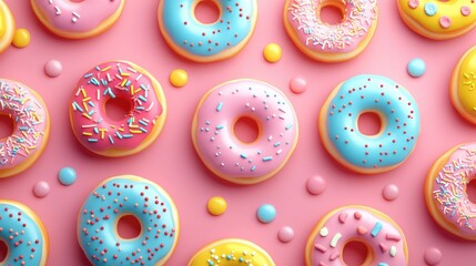 Fototapeta premium Row of colorful donuts with sprinkles on top. The donuts are arranged in a pattern on a pink background