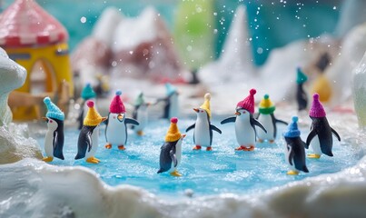 Obraz premium Colorful penguins waddle on icy surface.