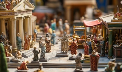 Roman miniature figures in front of a temple.