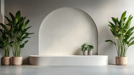 An elegant minimalist display area featuring a gently curved backdrop, surrounded by lush potted plants, perfect for a modern interior.