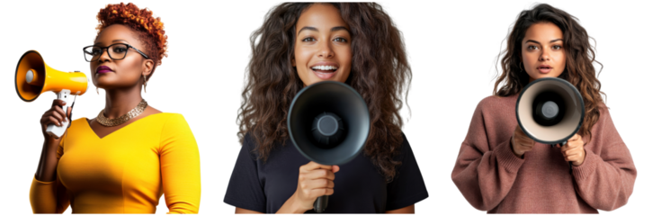 Three diverse women are confidently holding megaphones, showcasing empowerment and self-expression through their vibrant outfits. Each woman embodies a unique style and attitude