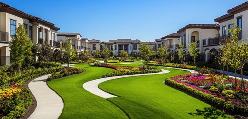 Fototapeta premium A lush green courtyard in a gated community, featuring manicured lawns, colorful flower beds, and winding pathways, surrounded by elegant homes under a clear blue sky.