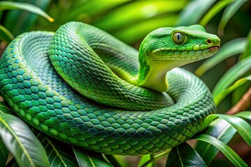 Fototapeta premium A green snake is curled up on a leaf