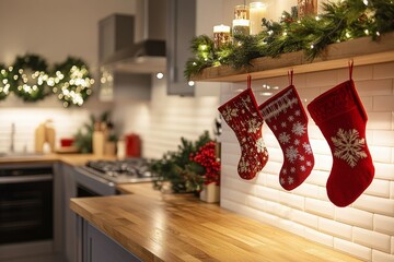 Decorated kitchen with festive red stockings and holiday lights during winter season