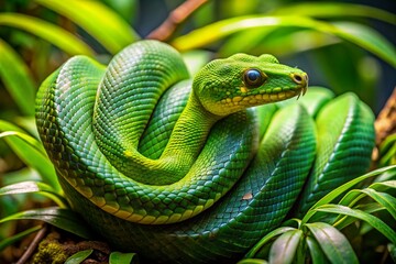 Fototapeta premium A green snake is curled up on a leaf