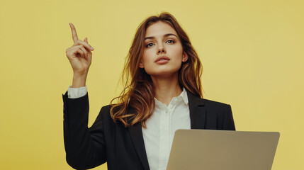 business woman with laptop in front of yellow background