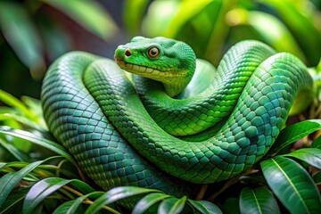 Fototapeta premium A green snake is curled up on a leaf