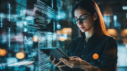 business woman with laptop in front of tecnnology background
