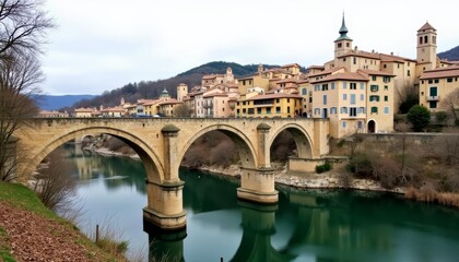 Fototapeta premium Elegant stone bridge over serene river in picturesque village