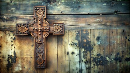 Ornate wooden cross on weathered blue and brown background with rustic texture and detail