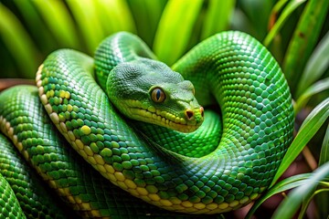 Fototapeta premium A green snake is curled up on a leaf