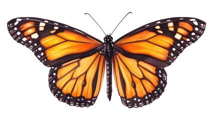 Obraz premium A beautiful watercolor of a monarch butterfly with vivid orange and black wings, painted with intricate details and a clean white background for focus