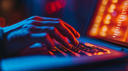 person typing on a computer keyboard with a modern office