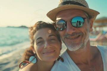Man and woman are smiling for the camera on a beach. The man is wearing sunglasses and a hat