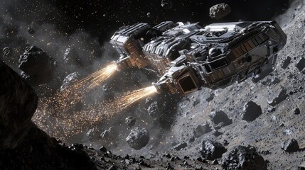 Obraz premium Futuristic Space Mining 3D Render: Mining Ship in Asteroid Field Unveiling Shimmering Minerals