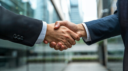 business people shaking hands in front of buildings