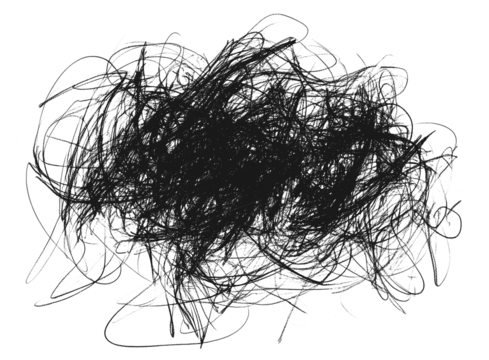 Chaotic black scribbles texture, isolated on transparent cutout background