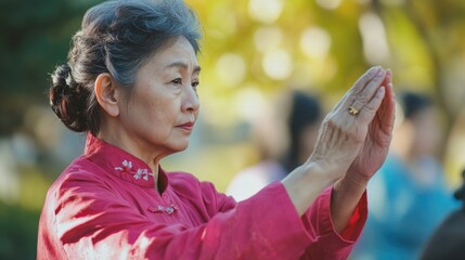 Obraz premium Woman in a red shirt is practicing tai chi. She is wearing a red jacket and has a red scarf around her neck