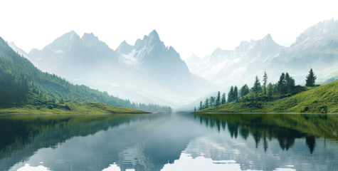Scenic alpine landscape with lake and mountains, isolated on transparent cutout background