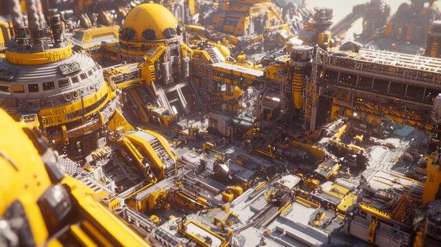Futuristic Space Mining Town: Vibrant Market Scene with Advanced Technology in 3D Render